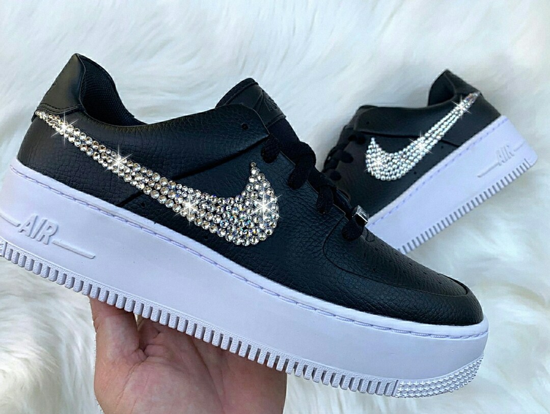 Swarovski Womens Nike Air Force XX Sage Black Leather Sneakers